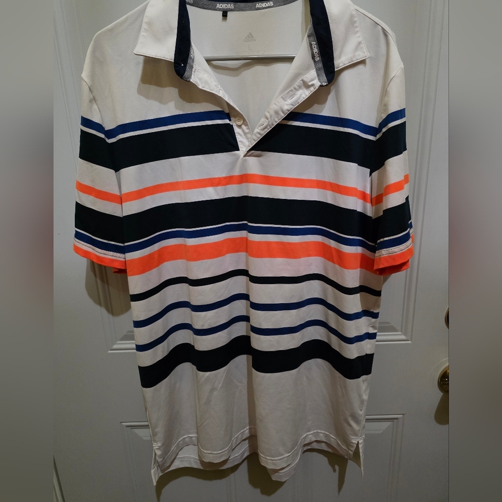 Adidas White Polo with Navy & Orange Stripe Detail Size Large